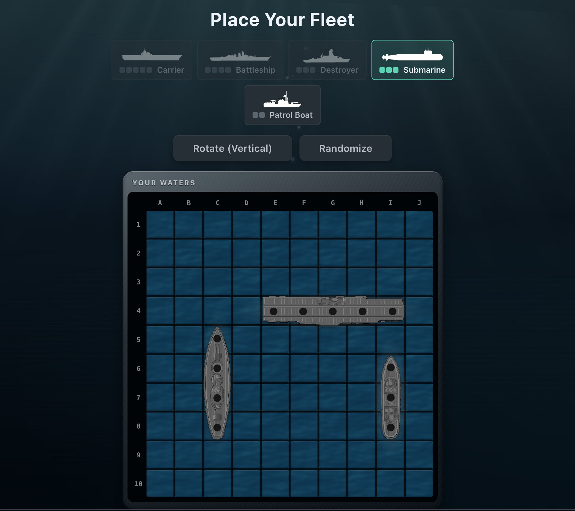 Fleet Commander fleet placement screen with ships arranged on the grid