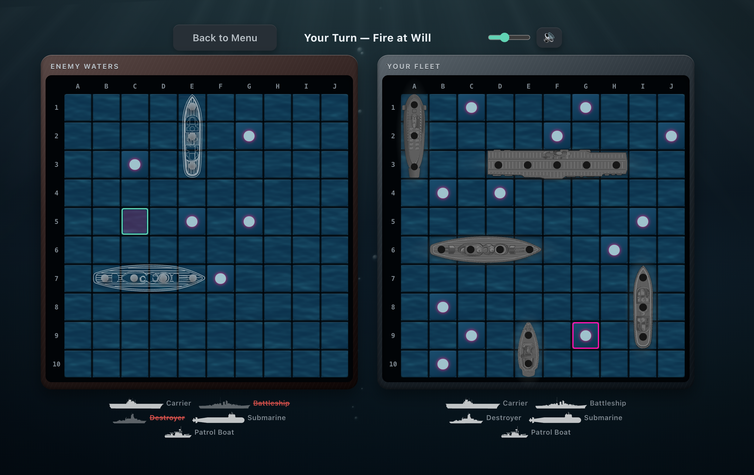 Fleet Commander mid-game board showing hit and miss tracking