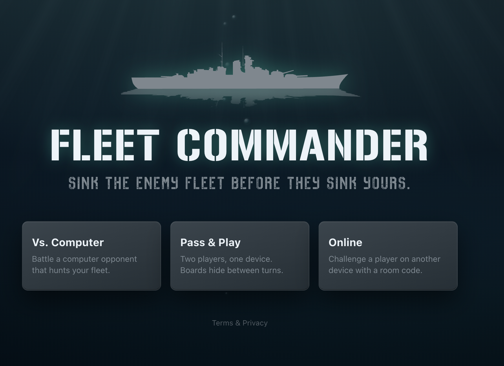 Fleet Commander title screen with battleship silhouette and game mode selection