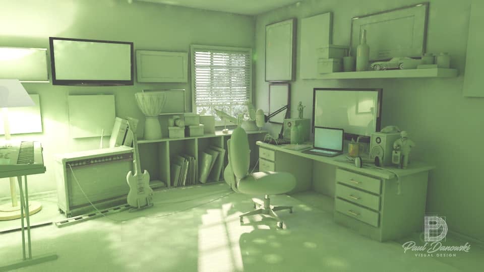 Home office 3D render, clay no-color pass